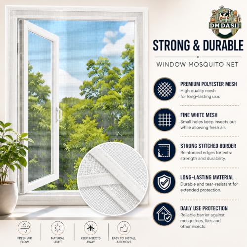 Image of DM DASII Window Mosquito Net with Self Adhesive Velcro Tape | Fiberglass Mesh Window Insect Screen | Washable Reusable Fly Bug Protection Mesh for Home | White, 2 * 3 ft |