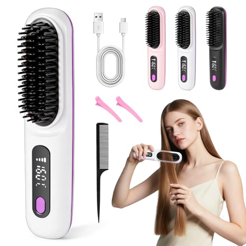RUIZHI Brosse Chauffante Céramique, Brosse Coiffante Cheveux Courts, Mini Brosse Lissante Chauffante Anti-Brûlure, Chauffante Cheveux Court avec Affichage...