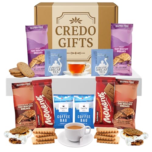 Decaf Tea & Coffee with Biscuits Gift Set Hamper – Chocolate Chip Oat Bars, Fruit Oat Bars, Caramelised Biscuits, Decaf Tea & Coffee Bags – Gluten Free Afternoon Tea Hamper Treat Box, Camping, Airbnb