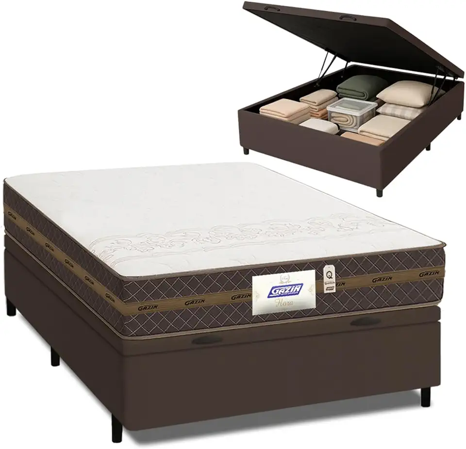 Cama Box Baú Casal Colchão Molas Flora Marrom/Branco 138x188x63cm
