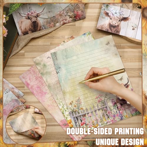 Image of TaoBary 160 Pcs Floral Highland Cow Stationery Paper and Envelopes Set 50 Double Sided Lined Stationery Paper with 50 Envelopes and 60 Round Dot Sticker 8.5 x 11'' Letter Writing Kit, 10 Design