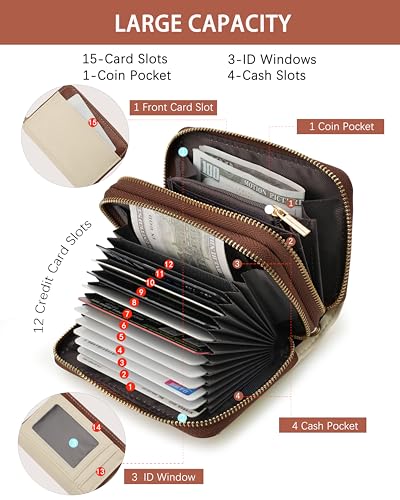 Image of Credit Card Holder for Women,Accordion Wallet with wristlet | RFID Blocking Card Wallet, Vegan Leather with Wristlet, dual independent zipper compartments,17 Card Slots