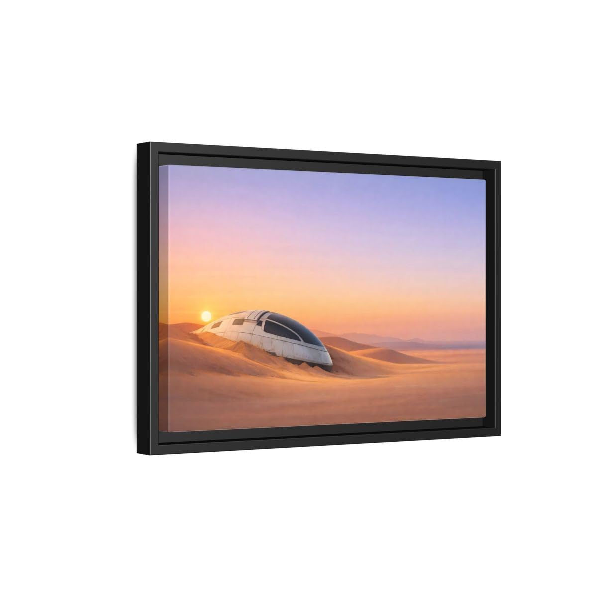 Science Fiction Crashed Spaceship Desert Sunset Framed Canvas Wall Art Print – Living Room Decor 18×12 inch (45×30 cm) - Horizontal/Black / 1.25 inch (3 cm)
