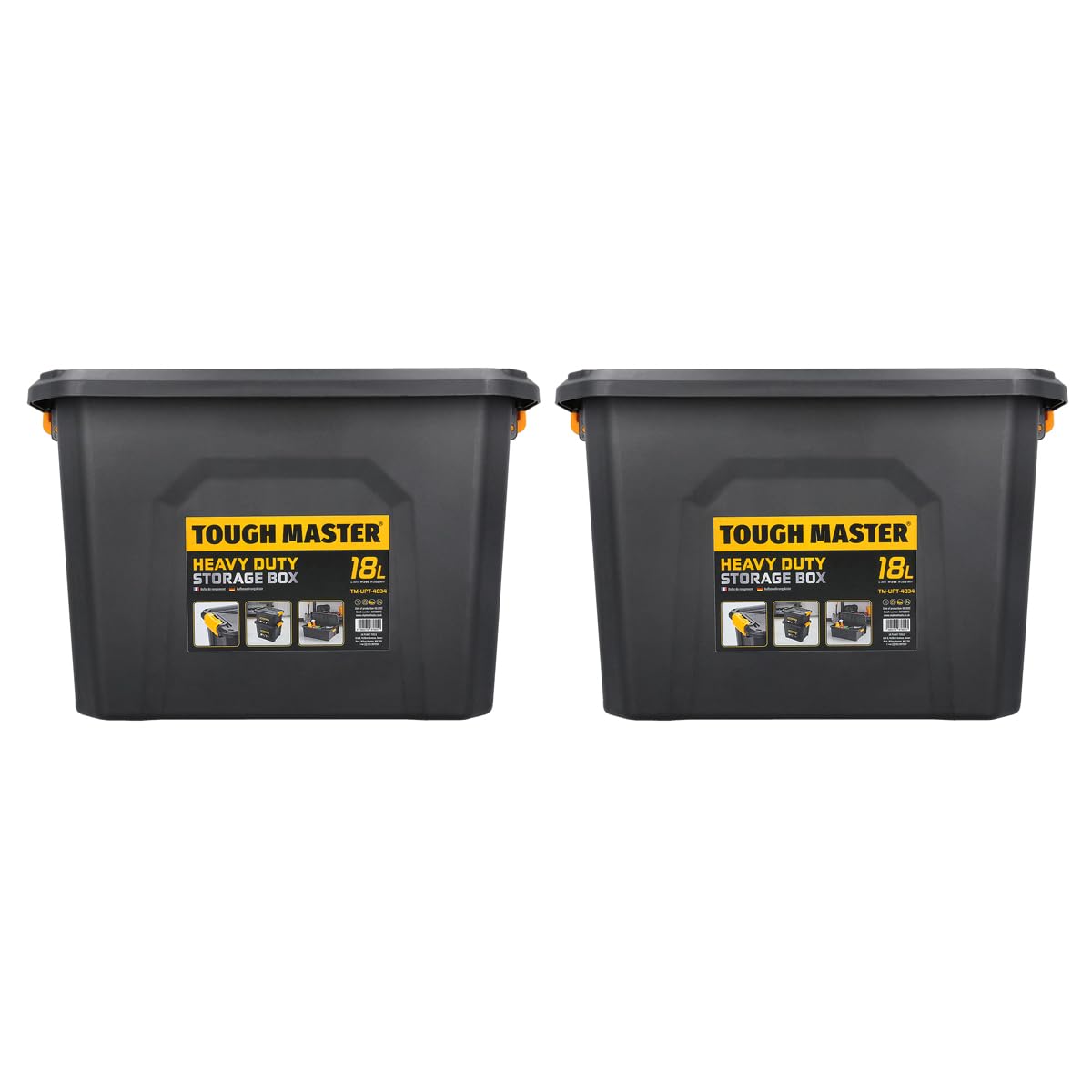 TOUGH MASTER Storage Boxes with Lids 18L Strong Tool Box Stackable for Home, Office & Workshop (Pack of 2)