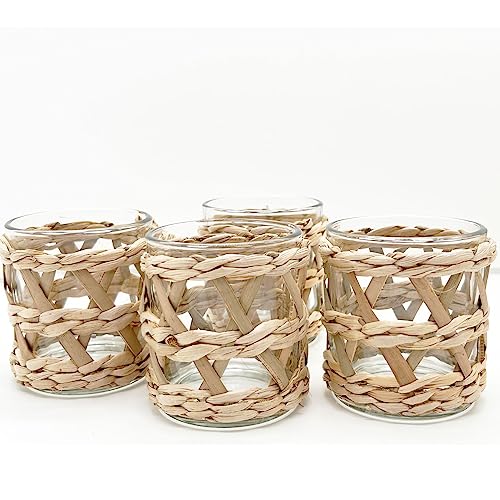 QIAOIDEA Pack 4 Woven Rattan Tealight Candle Holder Candle Lantern,