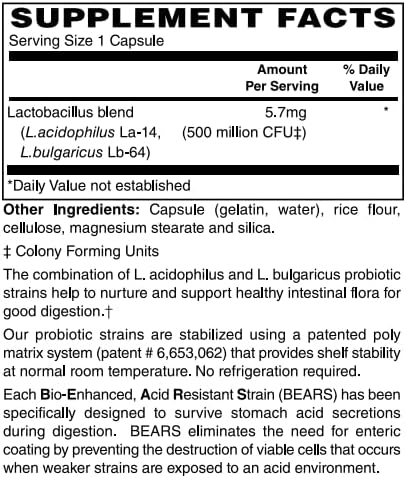 Miniatura 2 de BariatricPal Acidophilus probiótico - 500 millones de UFC (100 cápsulas)