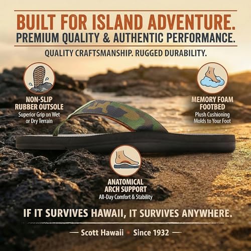 Image of Scott Hawaii Kaikane Men's Slipper | Hawaii Inspired Designs | Neoprene Lined Nylon Strap | Arch Support | Podiatrist Recommended Sandal