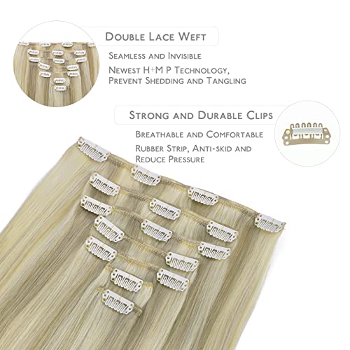 WENNALIFE 20 Inch Clip In Hair Extensions - 120g 7pcs Real Human Hair, Ash Blonde Highlighted Platinum Blonde, Coloured - Image 3