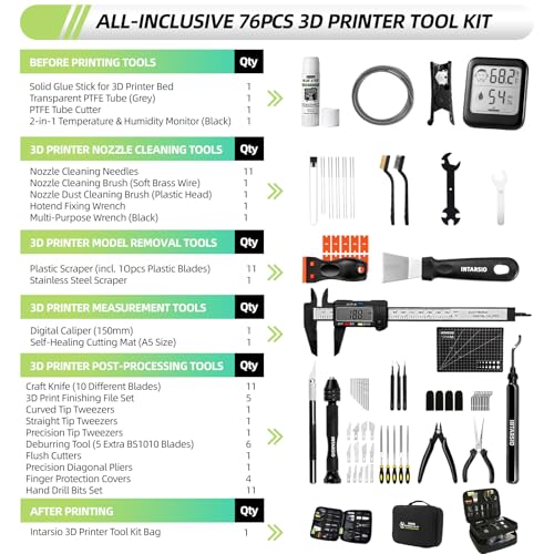 Image of 76pcs 3D Printer Tools Kit with Bag, 3D Printer Accessories includes Digital Caliper, Hygrometer, PTFE Tube Kit, Deburring Tool, Scrapers, Nozzle Cleaning, for Bambu Lab, Ender 3, FDM /SLA Printers etc