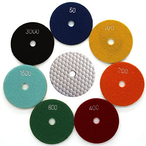 Easy Light 4 Inch Diamond Dry Polishing Pads for Sanding Marble Granite Stone (Pack of 7, Grit 50-3000)