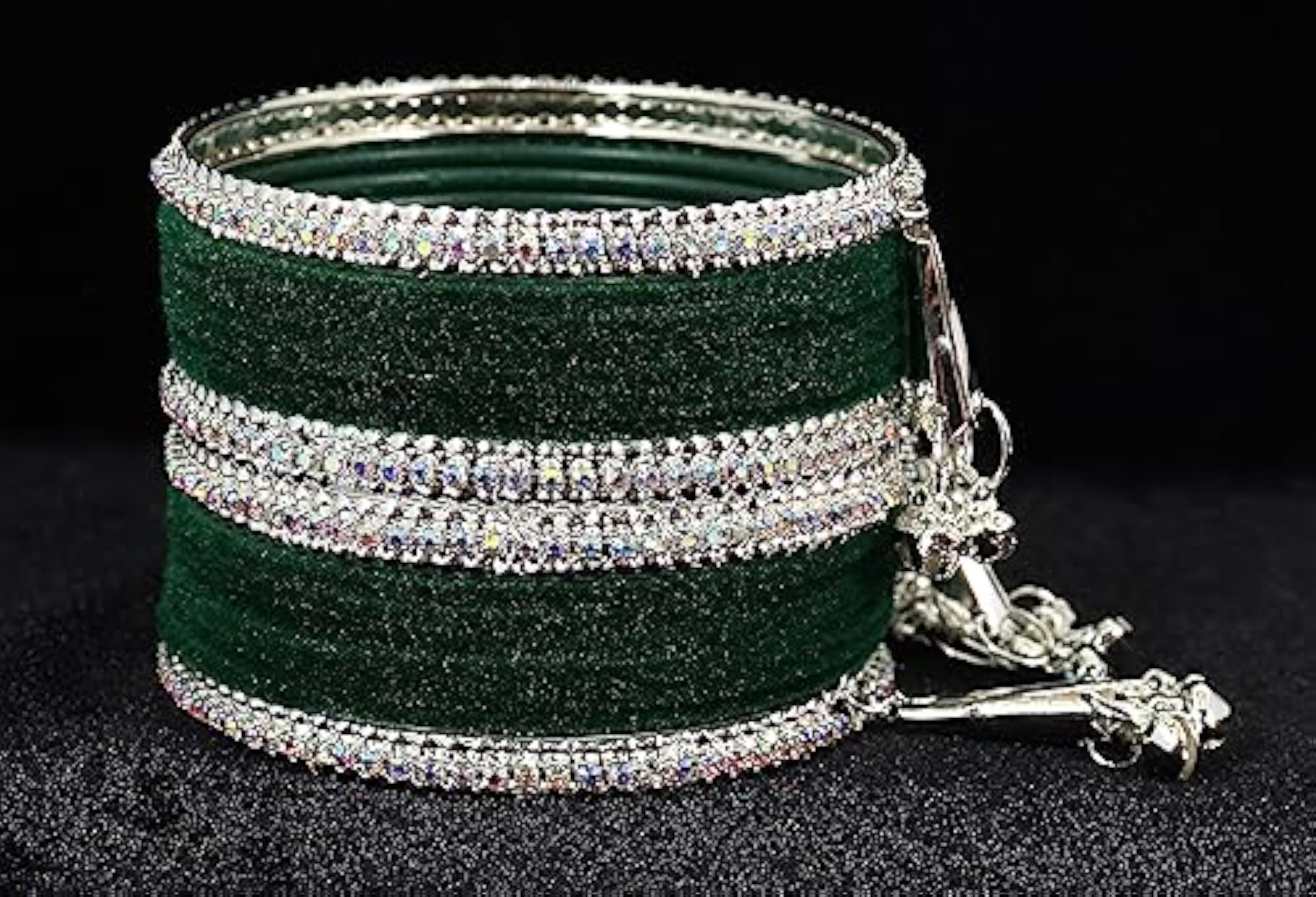 Zircon Gemstone Metal Bangles Set With Velvet Studded Bells