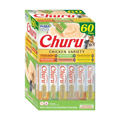 Image of INABA Churu Cat Treats, Grain-Free, Lickable, Squeezable Creamy Purée Cat Treat/Topper, 60 Servings, Chicken Variety Box