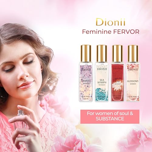 Image of Dionii Eau De Parfum Rakhi Gift Set for Women | DAMSEL, SEA NYMPH, BLOSSOMS, WILDFIRE Perfume | Long Lasting Fragrance (4 x 20ml Each)