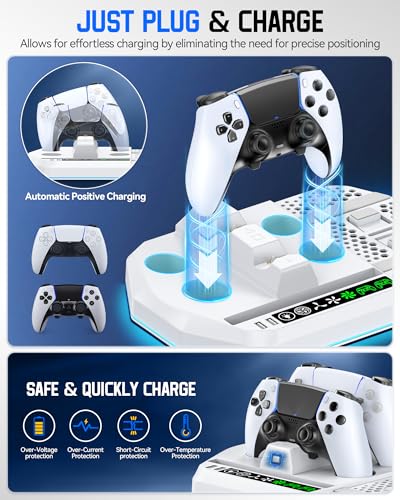 Image of Cooling Station with Controller Charger for PS5 /Slim /Pro, PlayStation 5 Vertical Stand for Disc & Digital Console, Dual PS 5 Controller Charging Station with 3 Level Cooling PlayStation 4 Chargers