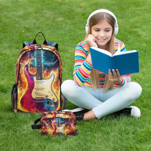 Guitar Fantasy Fire Backpack for School Boys Girls and Teens, Backpack for Men and Women, Lightweight Bookbag with Lunch Box Travel Laptop Daypack 18.5 x 11.8 In2