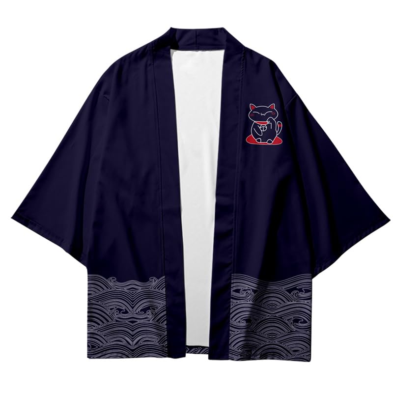 Image of LAI MENG FIVE CATS Women's Lucky Cat Cardigan Kimono Loose Cover up Casual Blouse Cute Tops