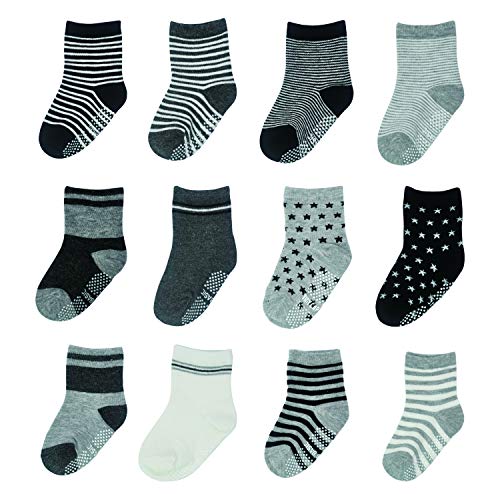 Baby Girl Non Skid Grips Socks 12 Pairs Anti Slip Cotton Dress Crew Socks for Infant Toddler Kids Girls Boy