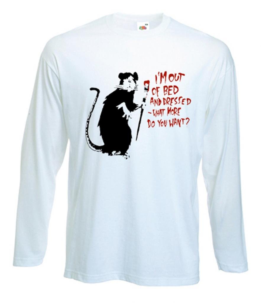 Tribal T-Shirts Mens Banksy I'm Out of Bed Rat Long Sleeve T-Shirt (Large, White)