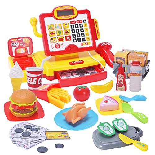 WEEK BEAN Toy Cash Register for Kids with Cuttable Food- Calculator Play Register with Handheld Pretend Scanner and Live Microphone - Great Gift for Boys Girls Toddlers, 58 Pieces, 3 Years +