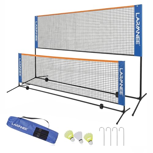 LARMNEE Badminton Netz 3 m Volleyballnetz Federballnetz 3-Fach-Höhenverstellbar 107/120/155cm Tragbares Set für Tennis Badminton oder Volleyball für Garten Indoor Outdoor ELC03BN02
