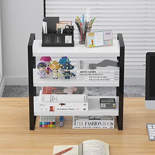 Feejee 3 Tiers Desktop Shelf Organizers And Storage With Metal Frame Wood Board Racks For Office, Dorm, School Small Display Shelves Mini Bookshelf Corner Shelving (Frame Black&Tier White, 3 Tiers) #TOP3