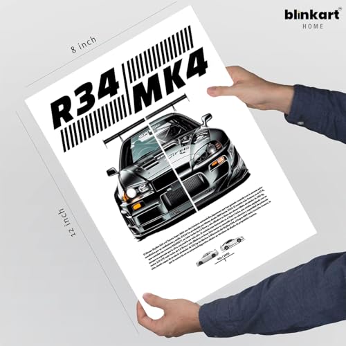 Image of BLINKART Nissan & Toyota Skyline R34 & Supra MK4 Framed Posters Gift Items Boys Room Wall Decoration Bedroom Office Studio Synthetic Wood Frame & Acrylic Glass Ready to Hang - 12x8 In, (A4 Size)-CAR-178