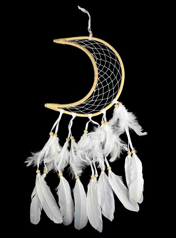 Dream Catcher Bamboo Moon Natural With White Feathers