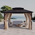 Olaterior 10'x12' Hardtop Gazebo, Outdoor Polycarbonate Double Roof Gazebo, Aluminum Frame Permanent Pavilion with Curtain and Netting, Pergola for Patio Lawn Garden Backyard, Brown