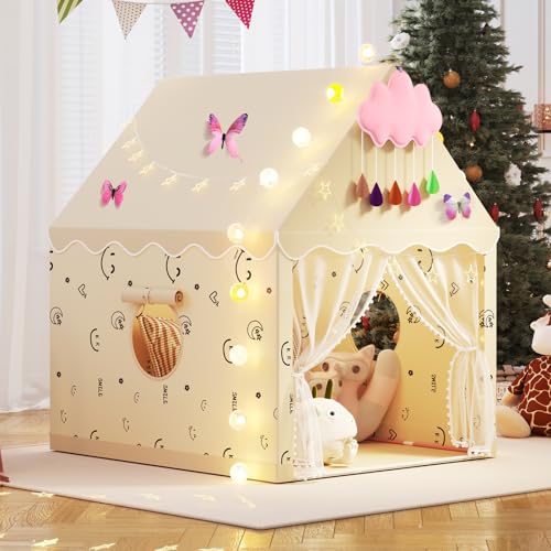 Kids Play Tent, Princess Tent Indoor Playhouse Set with Star Lights, Ball Lights, Colorful Flags, Butterflies, Clouds - Large Tents for Kids Toddle Castle for Girls Toy House Gift