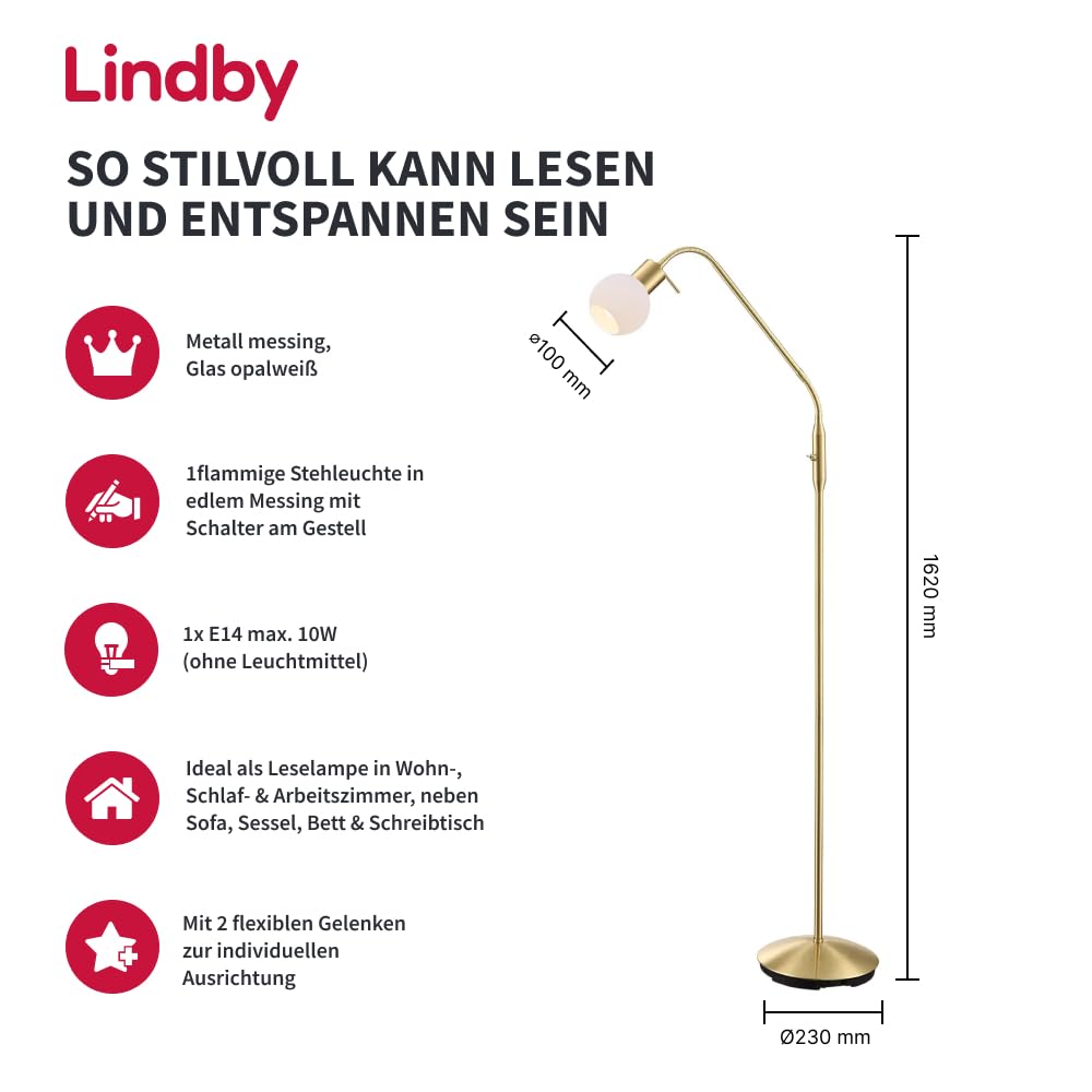Lindby Stehlampe verstellbarer Glas Leuchtkopf, Standleuchte messing 1x E14 max. 10W ohne Leuchtmittel Stehleuchte Standlampe Wohnzimmerlampe