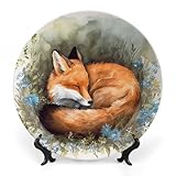 FekiLoot A Sleeping Fox Bone China Decorative Plate for Art Crafts, Chinese Style Decorative Dish with Stand, Hanging Ceramic Plates Ornaments 6inch for Home, Office, Wall Decor