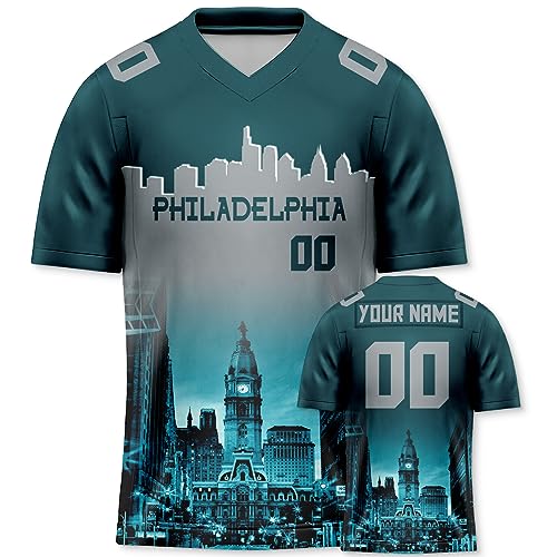 Personalized Custom Football Jersey with Football City Night Skyline Fashion Football Fans Gifts for Men Women Youth Green Grey