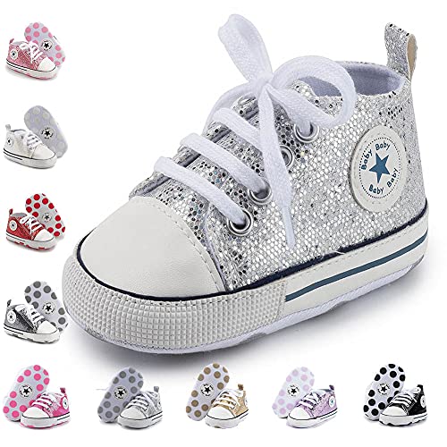 Newborn Baby Girls Boys Canvas Shoes Infant Soft Sole Slip On First Walkers Sneaker Toddler Flat Lazy Loafers High Top Crib Denim Unisex Moccasins Shoe (B Silver, 6-12 Months)