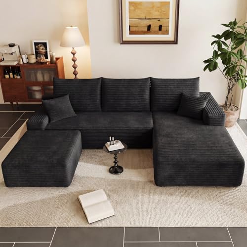 Image of 95 inch Boneless Cloud Couch Sectional Couches Sofa for Living Room | Modular U-Shaped Couch, Comfy Modern Corduroy Memory Foam Sofas with Ottoman, Oversized Chaise (Black, Right-Facing Chaise)
