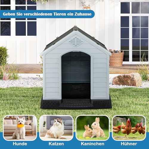GYMAX Outdoor Hundehütte mit Schrägdach & erhöhtem Boden, Hundehaus aus Kunststoff, Wetterfeste Hundehöhle im Landhausstil (Grau + Schwarz, 72,5 x 66 x 70,5 cm)