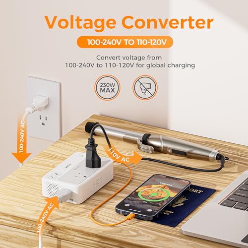 TESSAN 220V to 110V Voltage Converter, Universal Travel Power Adapter Combo with International Plug (Type C/G/D/I/L), 2AC 4 USB Ports(1 USBC)，230W Max Step Down Transformer for US to Europe2