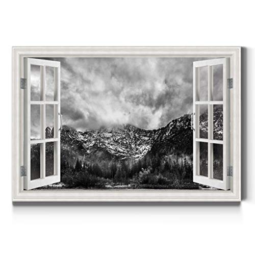 Renditions Gallery Nature Canvas Wall Art Paintings Window View Prints Cloudy Snow Capped Mountains Black & White Modern Decorations Artwork for Bedroom Office Kitchen - 32"x48" LT21