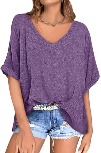 UEU Women's Oversized Basic T Shirts Summer Short Sleeve Shirts Loose Fit V Neck Tops Large Heather Purple