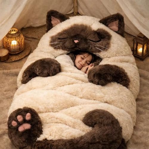 Cat Sleeping Bag for Human Adults Animal Shaped Sleeping Bags Fluffy Giant Extra Large Kids Plush Envelope Dog-Shaped Adorable Camping Hiking Travel Cozy Soft Warm Envelope Print Oversized Blanket B