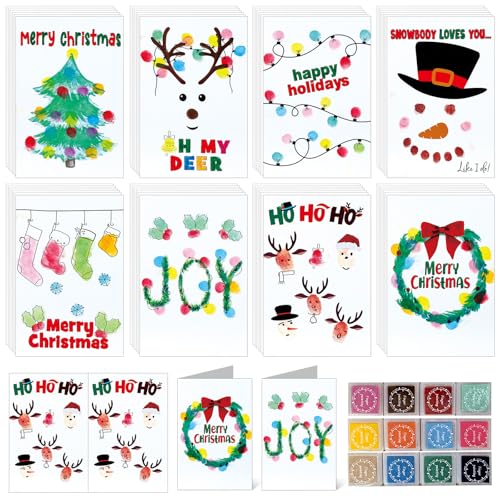 Motipuns 48 Sets Christmas Cards Making Crafts Kits 4 x 6 Inch DIY Thumbprint Christmas Crafts with Ink Pad Fingerprint Make Your Own Folded Greeting Card Making Kit for Xmas Gifts Fun Home Activity