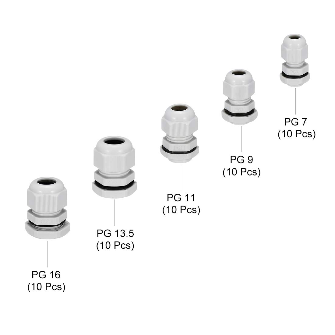 uxcell PG7 PG9 PG11 PG13.5 PG16 Cable Gland Waterproof Connector Joint Plastic Adjustable Locknut White for Cable Wire, Pack of 50