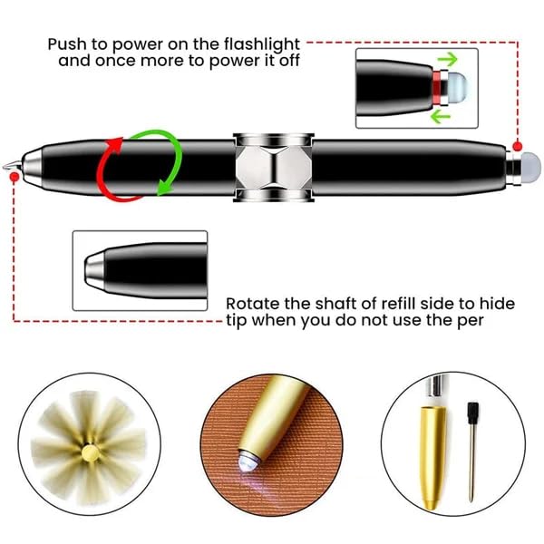 Image of Sakar Pen with LED Light Rotating Ballpoint Pen Anti Stress Anxiety Gift Pen for Business Adults Helping ADHD Stress Reducer Thinking, 4 Inches