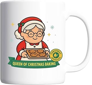 Mrs Claus Christmas Mug – “Queen of Christmas Baking” Coffee Cup – Cute Festive Mug Gift for Bakers, Christmas Baking Lovers, Secret Santa, Stocking Filler, Novelty Holiday Tea & Hot Chocolate Mug