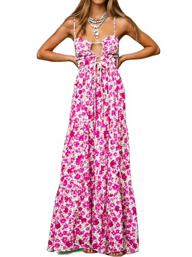 Image of Womens Summer Floral Spaghetti Strap Backless Low Cut Smocked Milkmaid Flowy Beach Sundresses