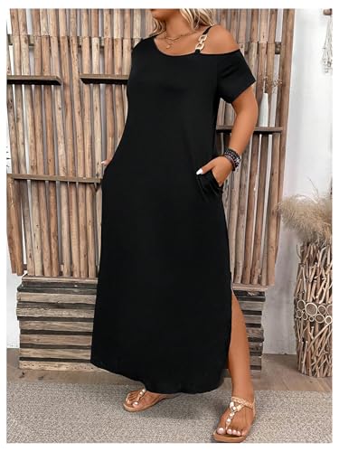 SOLY HUX Women's Plus Size Cold Shoulder Short Sleeve Split Hem T Shirt Dress Summer Long Maxi Dresses4