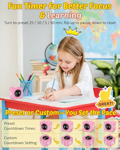 Image of Pomodoro Timer Cube Visual Productivity Flip Timer for Kids Classroom Desk, 5 /10 /25 /50min& Custom Countdown, Silent&Sound Mode Digital Cube for ADHD Study Work School Game Kitchen (Pink)