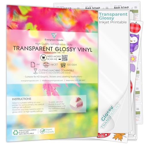 Evergreen Goods - 50 hojas de papel adhesivo de vinilo transparente brillante A4, imprimible por inyección de tinta, haz tus propias pegatinas, haz PVC transparente para organización, no impermeable