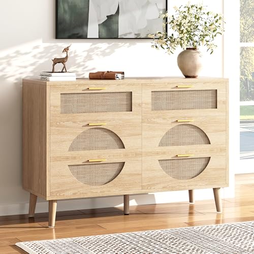 LARMACE 6 Drawer Dresser for Bedroom Modern Boho Rattan Dresser Wood...
