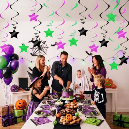 Image of BEISHID Purple Green Black Stars Hanging Swirls Pre-Strung Stars Hanging Decorations for Halloween Monster Truck Birthday Party Baby Shower Decorations Supplies,Pack of 15