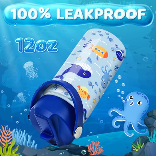 Image of SANDJEST Kids Water Bottle with Straw Lid - 12 Oz Insulated Stainless Steel Ocean Water Bottles for Kid Boys - Travel Cup for School Sports